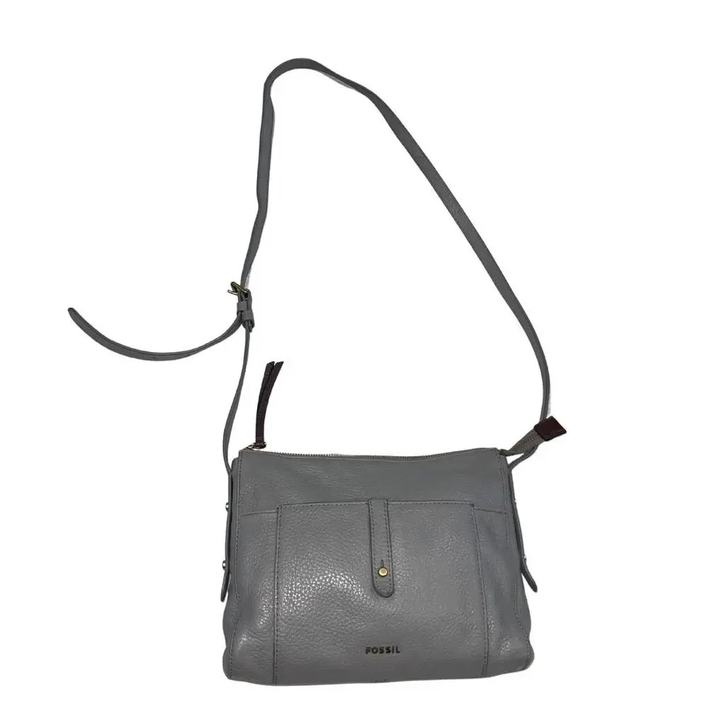 Fossil Jenna Top Zip Gray Pebbled Leather Crossbody Handbag Purse